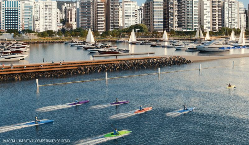 Render ilustrativo da Marina da Beira-Mar Norte de Florianópolis mostrando o enrocamento de pedras, píeres com iates ancorados e competição de remo em canoas coloridas na Baía Norte