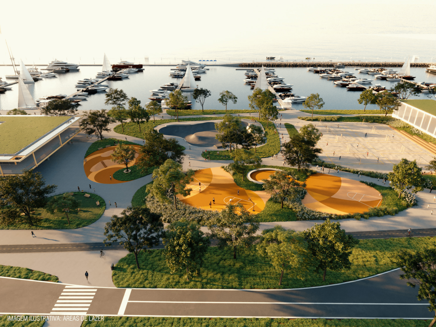 Render ilustrativo das áreas de lazer do Parque Urbano e Marina de Florianópolis, com marina, quadras, pista de skate e vista para a Baía Norte