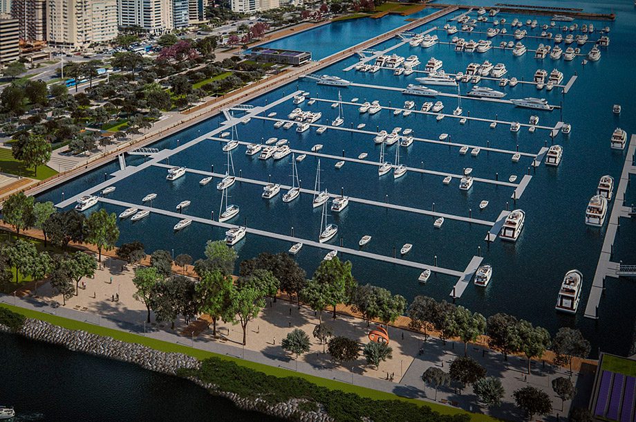 Projeção aérea do Parque Urbano e Marina Beira-Mar Norte, em Florianópolis, mostrando píeres, embarcações ancoradas e áreas verdes junto à Baía Norte